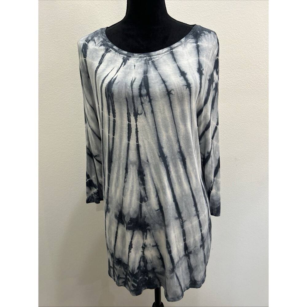 Erin London Blouse Women M Blue Gray White Tie-Dye 3/4 Sleeve Tunic Boho Artsy